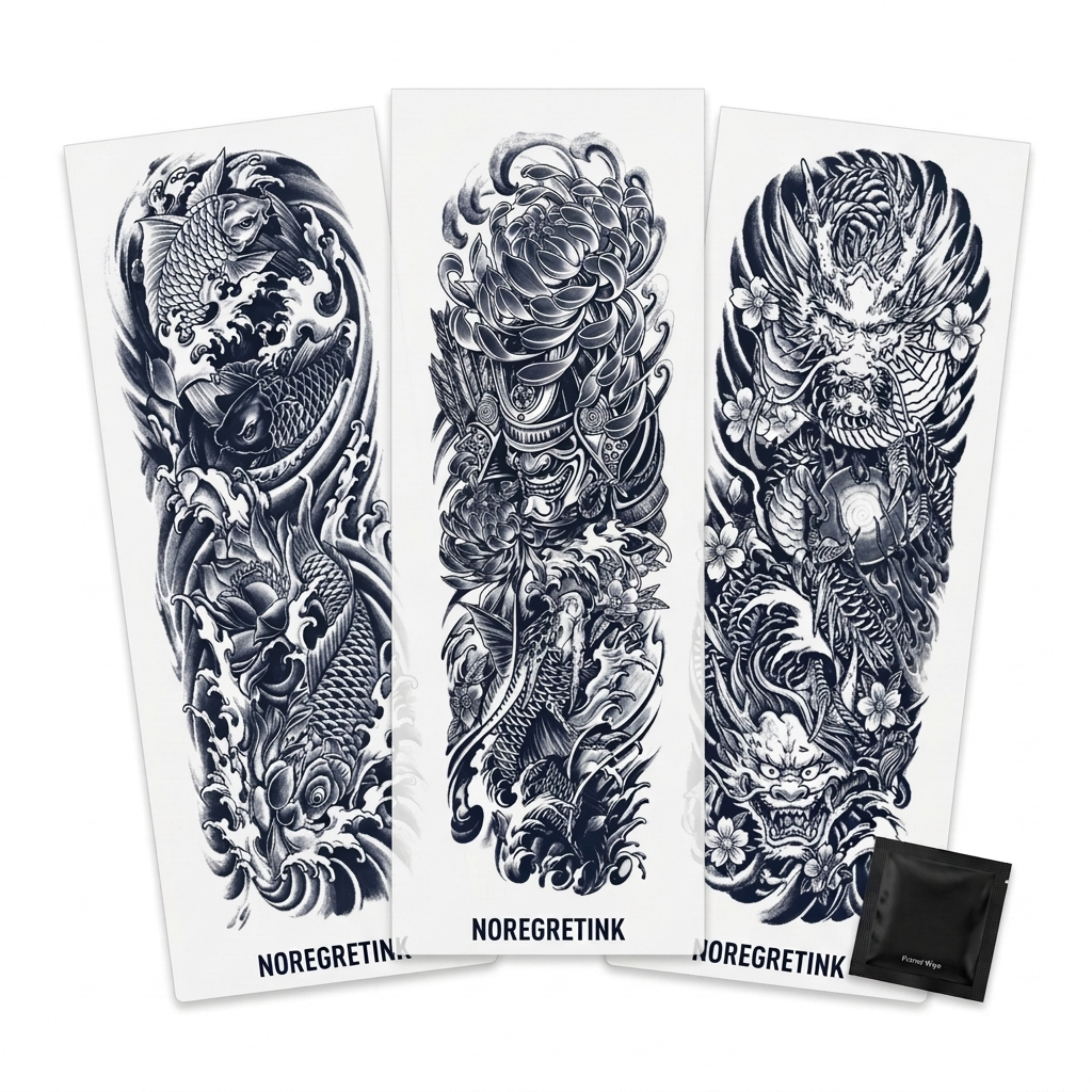Pack découverte tatouages éphémères japonais NoRegret Ink, 3 designs koï dragon samouraï encre jagua