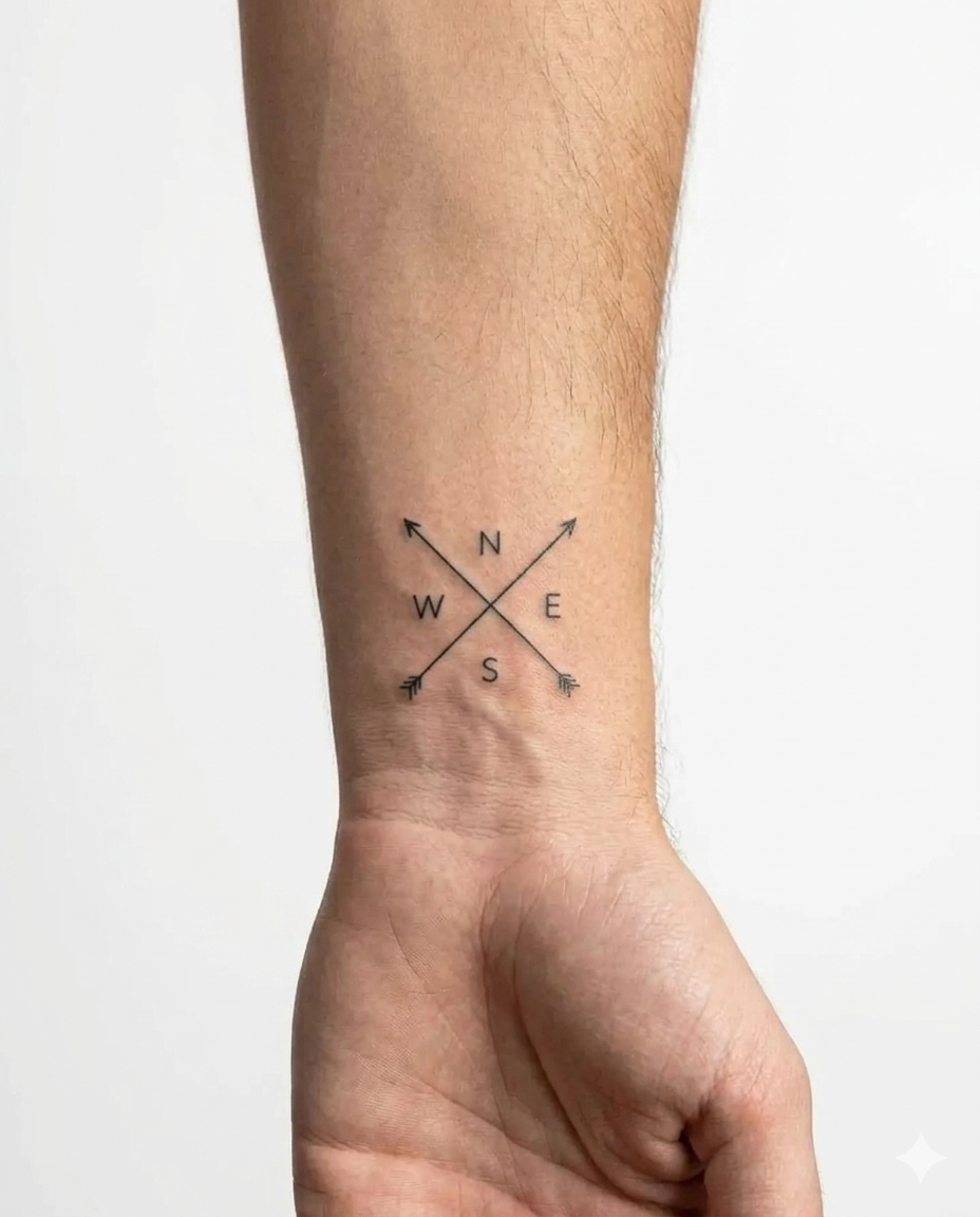 Tatouage éphémère Cardinal boussole flèches géométriques sur avant-bras, encre jagua