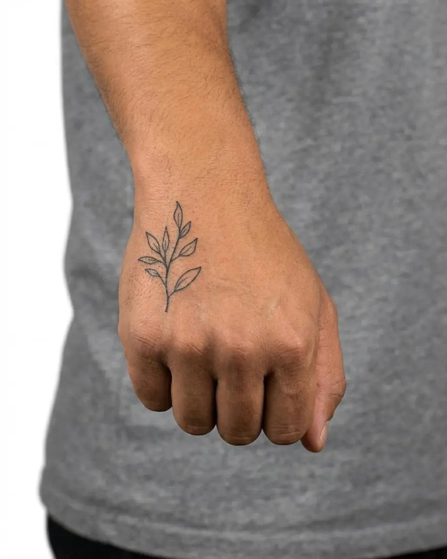 Tatouage éphémère branche feuillée fineline sur peau design botanique