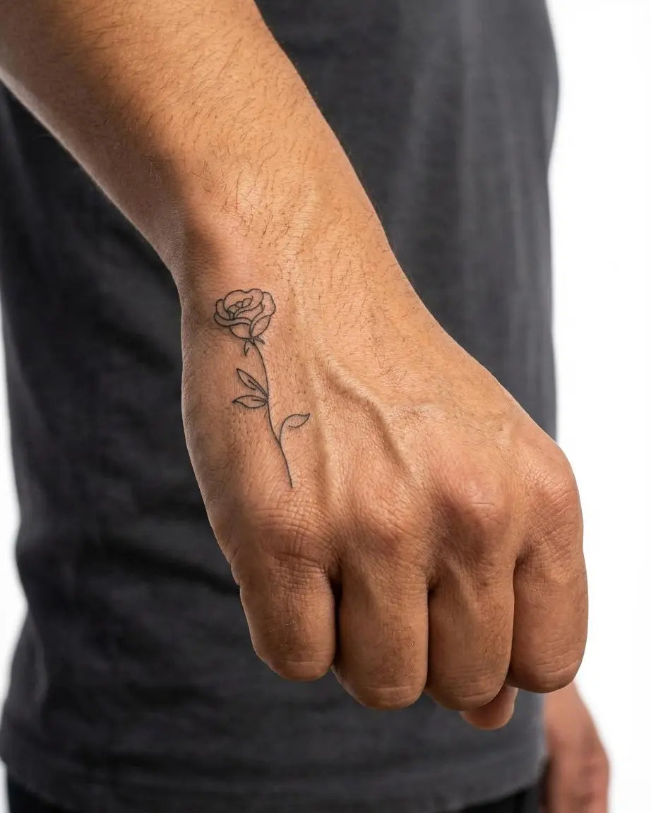 Tatouage éphémère rose fineline noir sur avant-bras design botanique