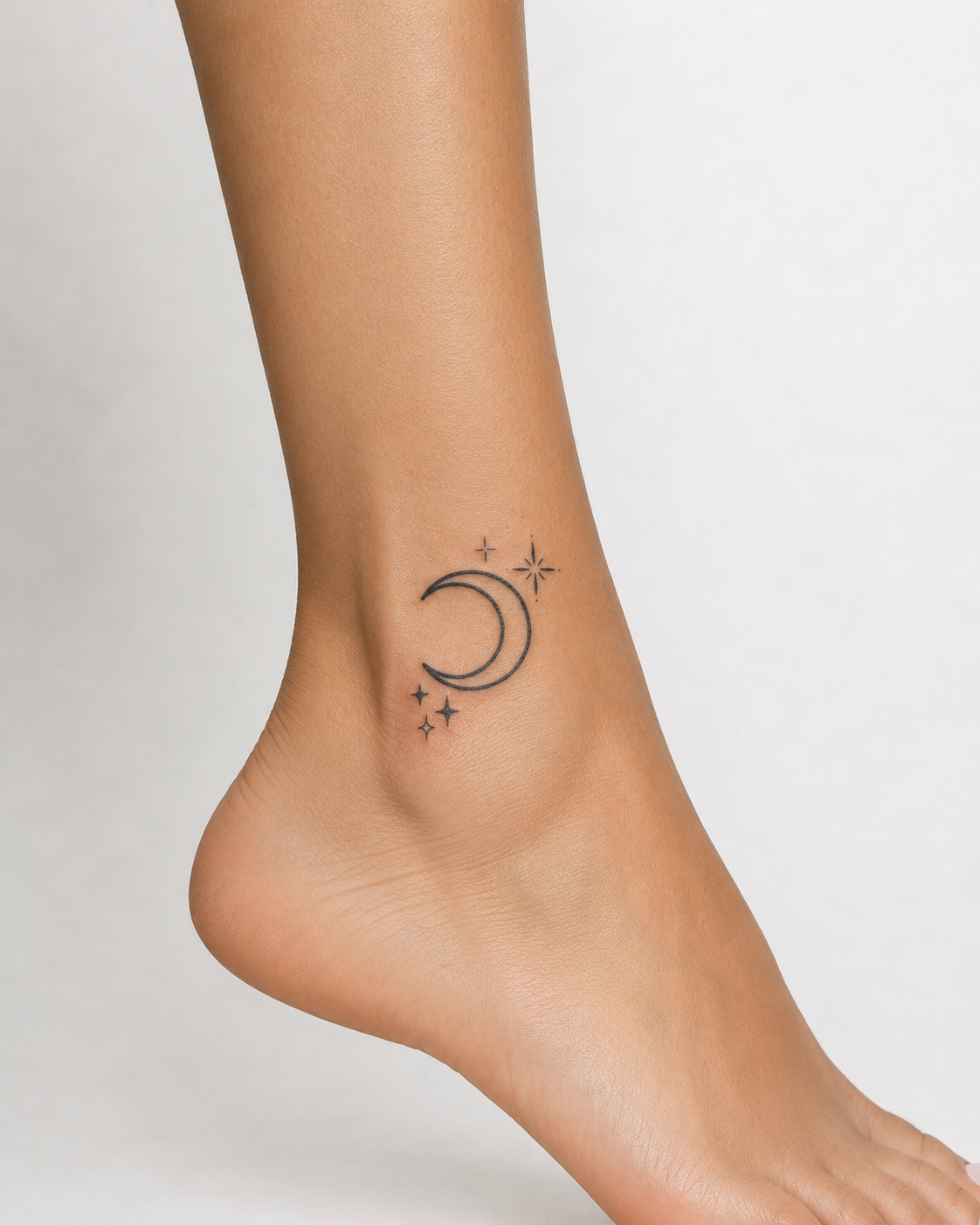 Tatouage éphémère Lune et Étoiles fineline sur cheville femme, encre jagua végétale