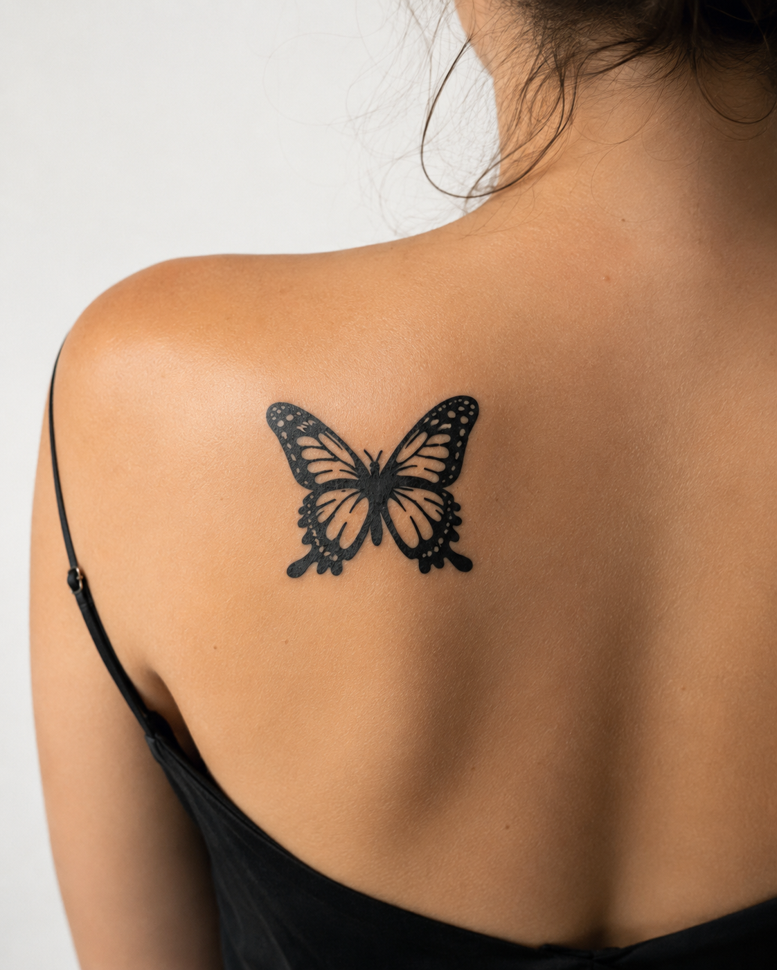 Tatouage éphémère papillon Monarque sur omoplate femme, encre jagua végétale