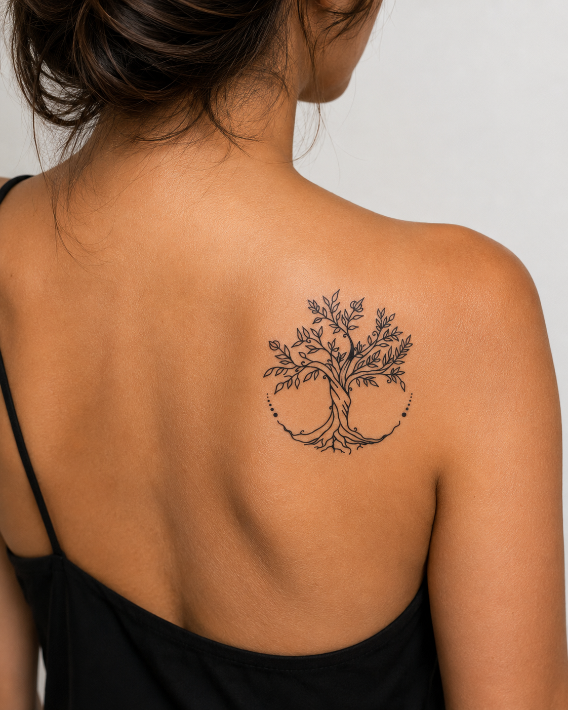 Tatouage éphémère Arbre de Vie sur omoplate femme, encre jagua végétale spirituel