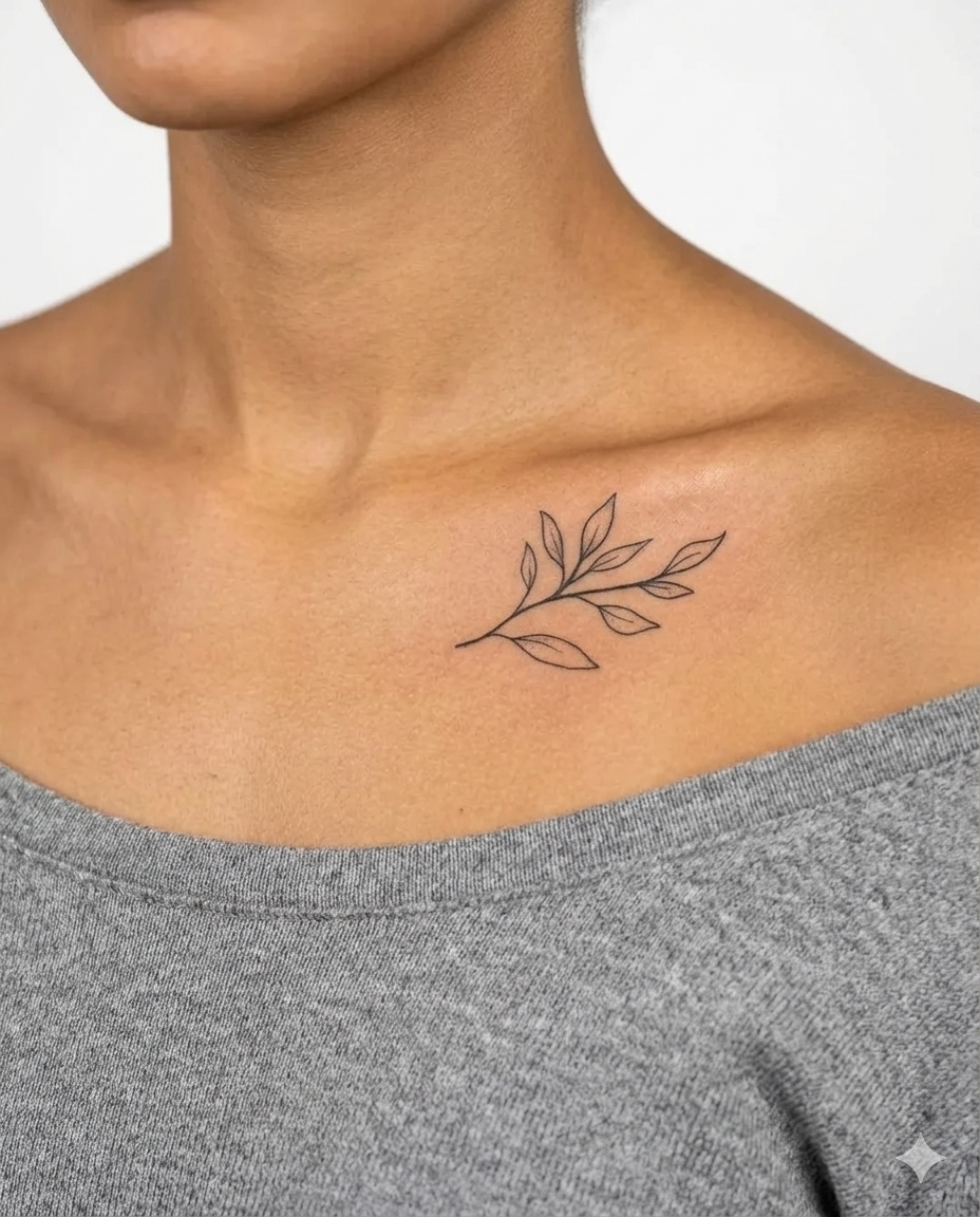 Tatouage éphémère La Branche botanique fineline sur clavicule femme, encre jagua