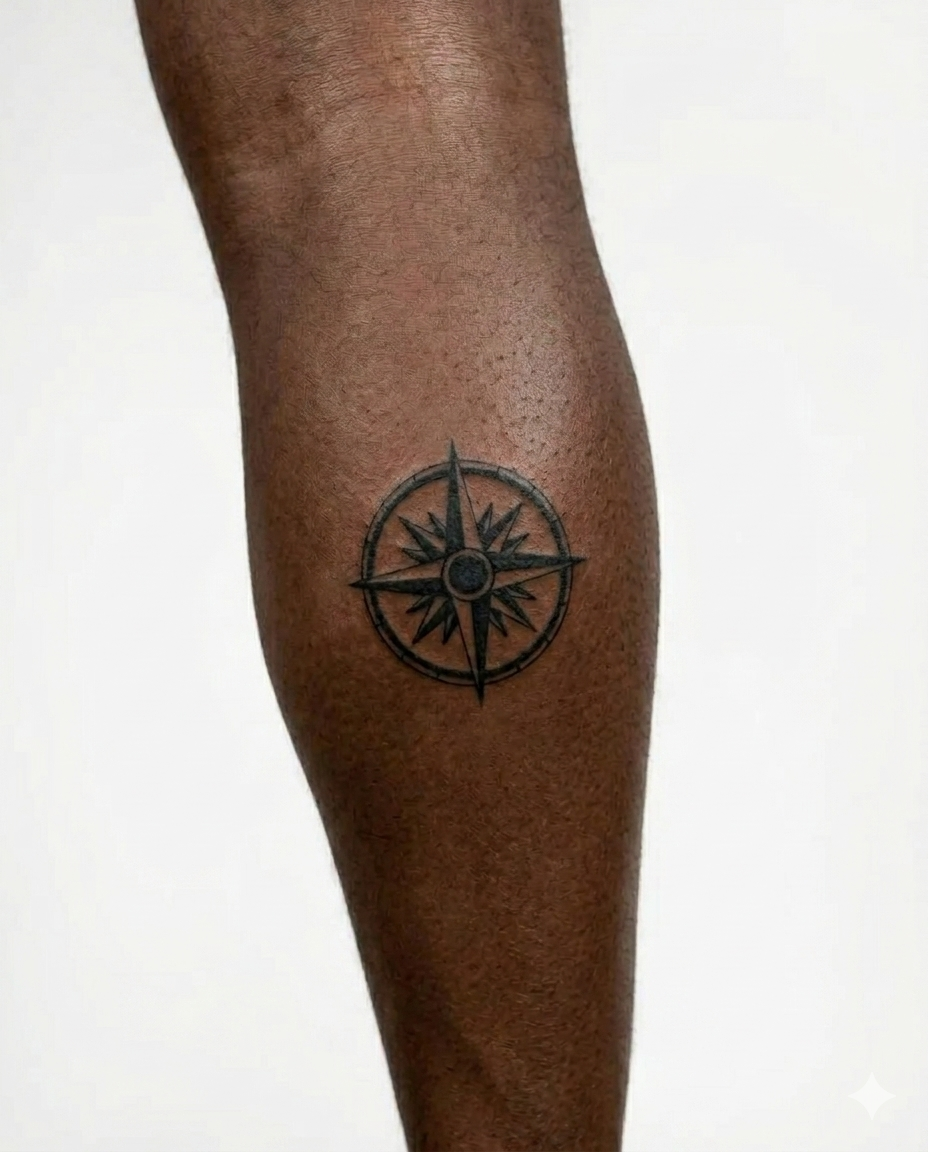 Tatouage éphémère Rose des Vents géométrique sur mollet, encre jagua végétale