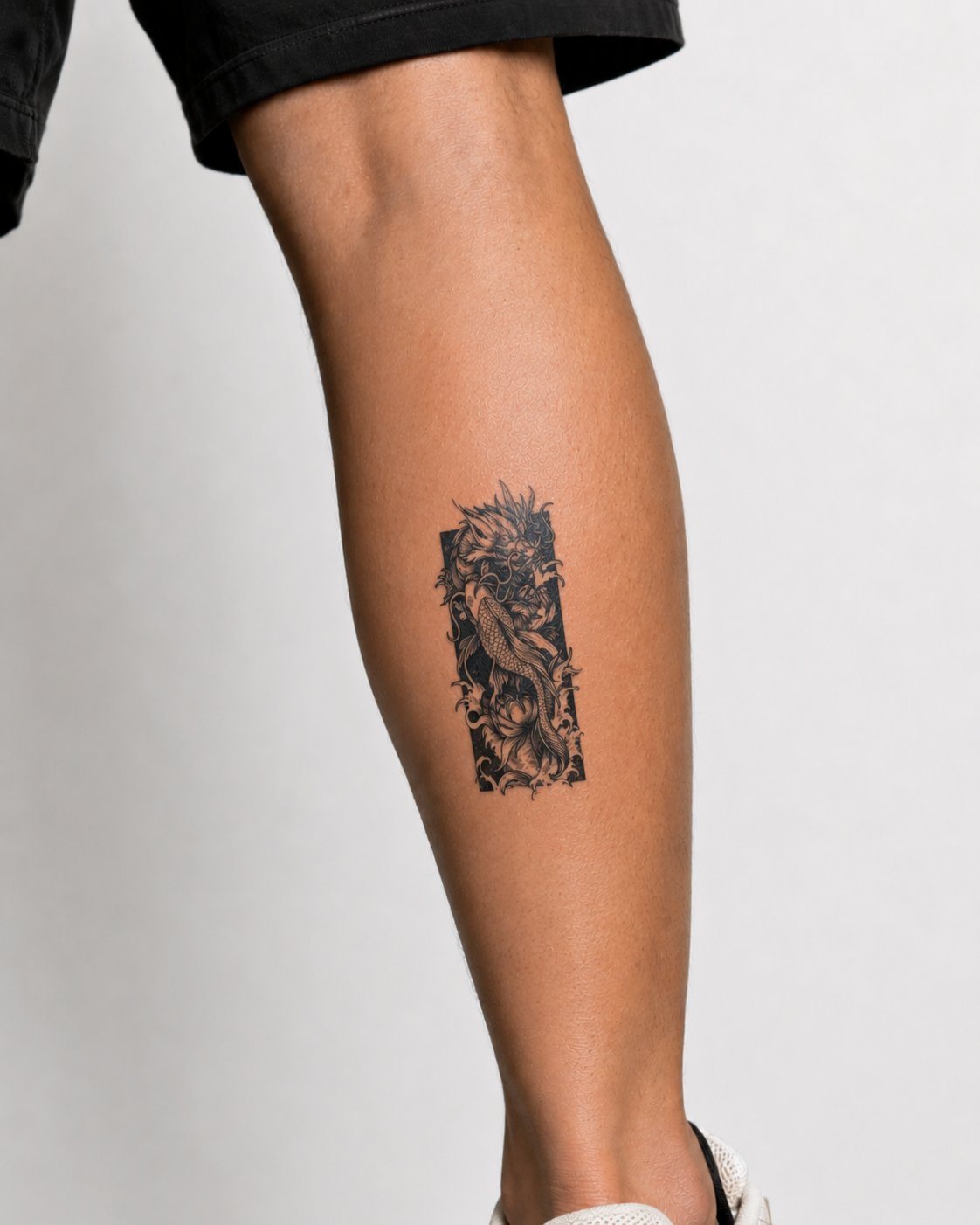 Tatouage éphémère Koï-Dragon japonais sur mollet, composition verticale noir et gris, encre jagua