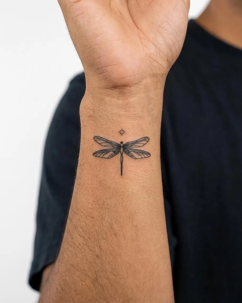Tatouage éphémère libellule fineline ailes détaillées